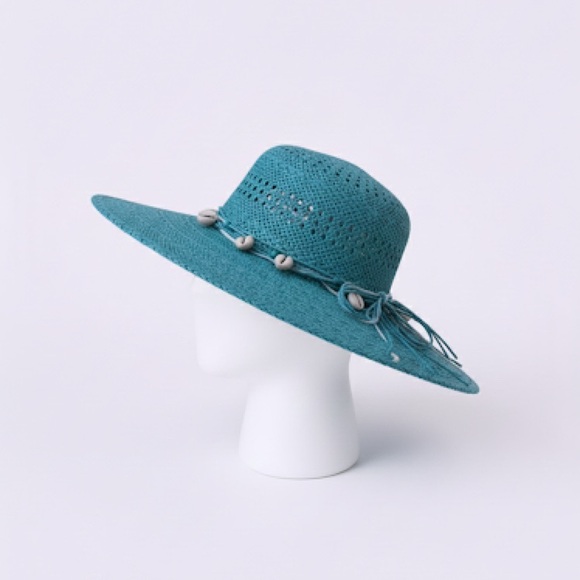 DPC | Cowrie Shell Beaded Bow Tie Wide Brimmed Floppy Straw Knit Sun Hat